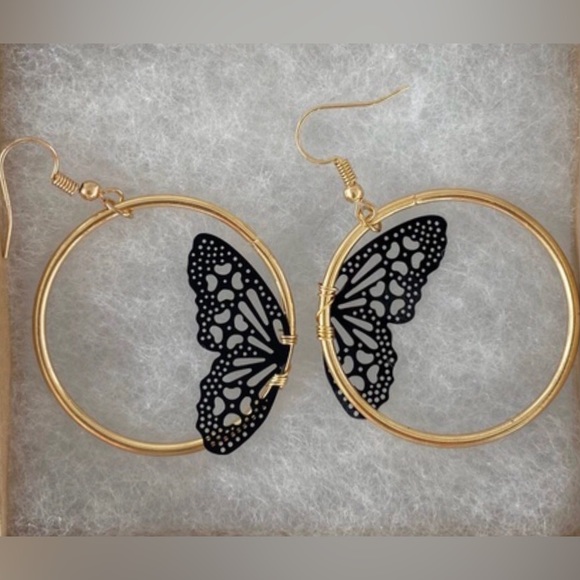 “Black Fairy Wing” Delicate Feminine Perforated Lace Half Butterfly Gold Hoops - Picture 6 of 9